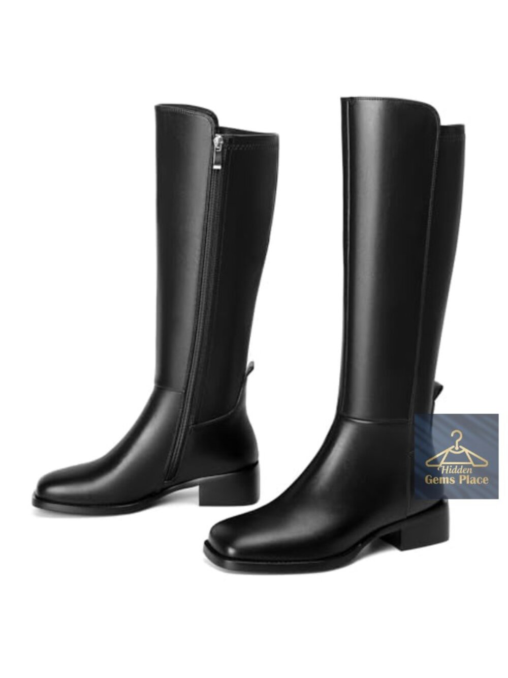Women's Knee-High Riding Boots Wide Calf Square Toe Low Heel Faux Leather Block